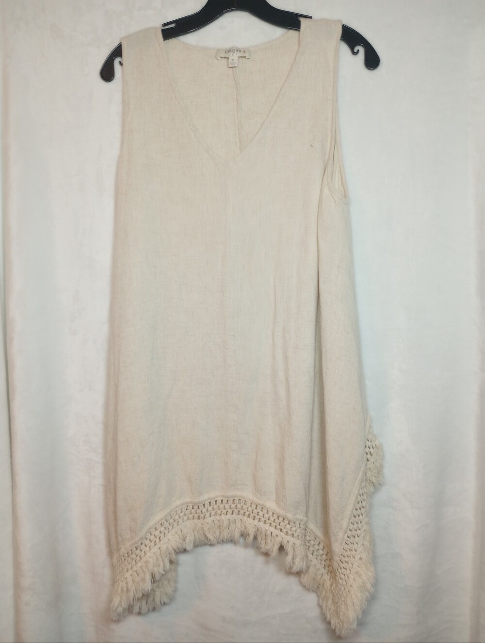 Earthy Neutral Beige Woven Tunic Lace Fringe Tassel Midi Dress Linen Blend Boho